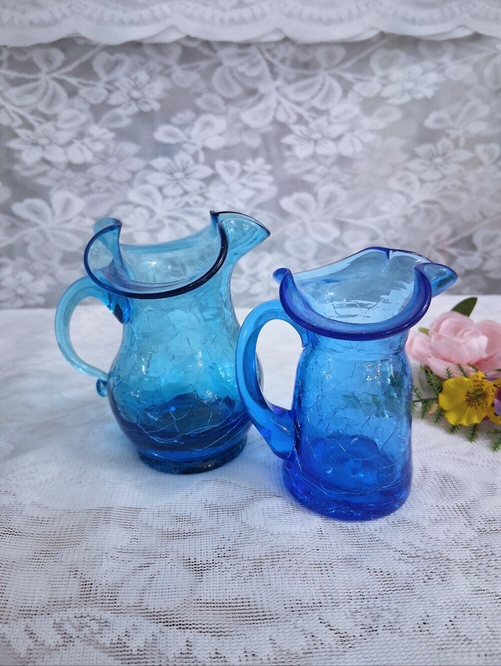 Vintage Pair Crackle Glass Small Pitchers Creamers Aqua Blue MCM Mid-century